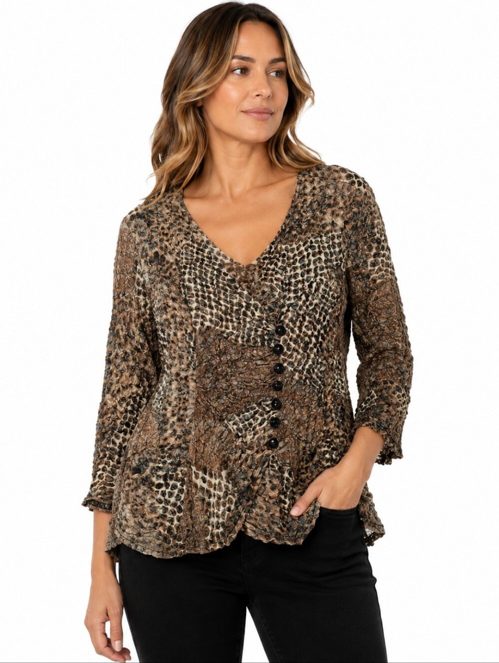 Joseph Ribkoff Patchwork‎ Crinkle Knit Top 12 Animal Print Stretch Button Artsy